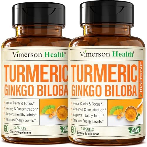 Ginko Biloba Capsules with Ginkgo Biloba 120mg & Organic Turmeric for Joint Support, Focus and Brain Health – Gingo Biloba Supplement with Black Pepper (Bioperine) for Max Absorption – 60 Count