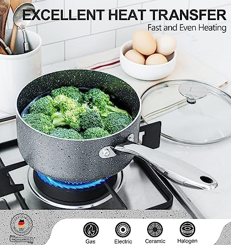 MICHELANGELO 2 Quart Saucepan with Lid, Nonstick Sauce Pan with Healthy Coating, Granite Sauce Pan with Stainless Steel Handle
