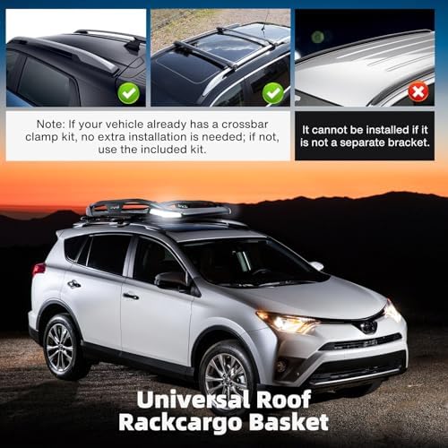 JMTBNO Roof Rack Cargo Carrier Basket, 55 * 40inch | Brake Lights, 2PCS Shark Clip Crossbars, Double Layer Aluminum, Universal for SUV Trucks Cars