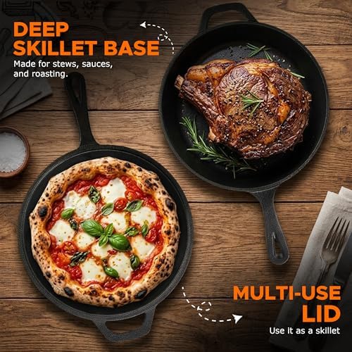 KICHLY Combo Cooker Cast Iron Dutch Oven with Lid 2 in1, PFAS Free Pre-seasoned Multi Cookware Skillet