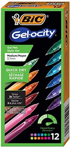 BIC Gelocity Quick Dry Black Gel Pens, Medium Point, 0.7 mm, 12-Count | Quick Dry Ink Resists Smearing | Full-Length Comfort Grip | Ideal for Students and Teachers | 12 Pens in Pack