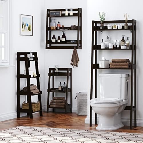 UTEX Over The Toilet Storage Shelf, 3-Tier Bathroom Organizer, White | FSC-Certified MDF, Open Ladder Design, Adjustable Lower Crossbar, Anti-tip Hardware, 33-Inch Clearance, Raised Side Guards