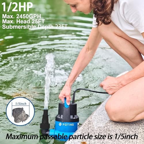 FOTING 1/2HP Submersible Water Pump with Stainless Steel Base - Removes Water to 0.04" Depth, 2450GPH Portable Sump Pump for Puddles, Pools, Boats