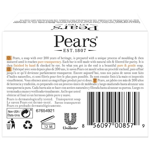 Pears Soap, Pure & Gentle with Natural Oils, 6-Pack – Transparent Amber Glycerin Soap for Pampered, Glowing Skin, 4.4 Oz Ea