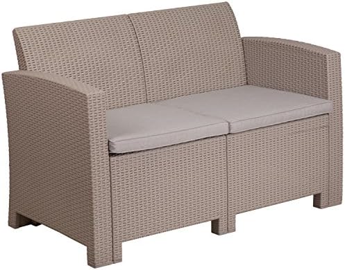 EMMA + OLIVER Light Gray Faux Rattan Loveseat with Light Gray Cushions