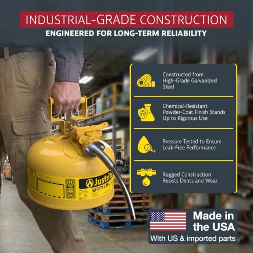 Justrite Type II Diesel Fuel Can, Yellow Galvanized Steel, FM Approved | Flammable Liquid Storage Can with Controlled Pouring, 2 Gallon Capacity