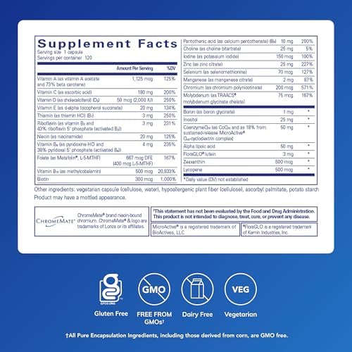 Pure Encapsulations O.N.E. Multivitamin, 60 Capsules | Once Daily Multivitamin with Antioxidant Complex Metafolin, CoQ10, and Lutein to Support Vision, Cognitive Function*