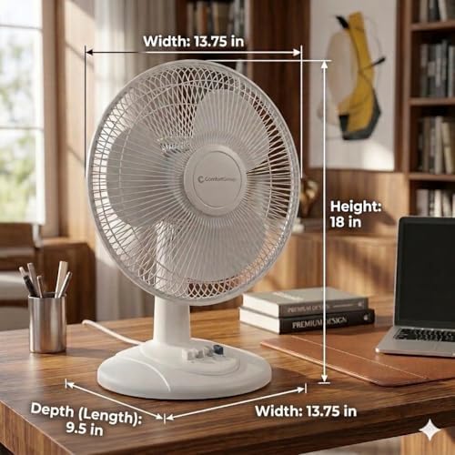 Comfort Zone 12 inch Table Fan with Adjustable Tilt, Wide Area Oscillation, Quiet Air Circulator Fan For Bedroom, 3 Speed Desktop Fan for Home Office, Push Button Controls, White