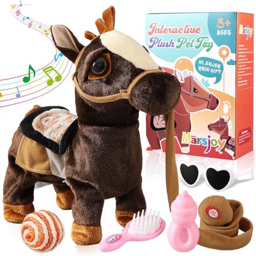 Marsjoy Walking Pony Toy Musical Singing Dancing Plush Interactive Pony Walk Along Horse with Leash Plush Stuffed Animal Shaking Head Buttocks Toy