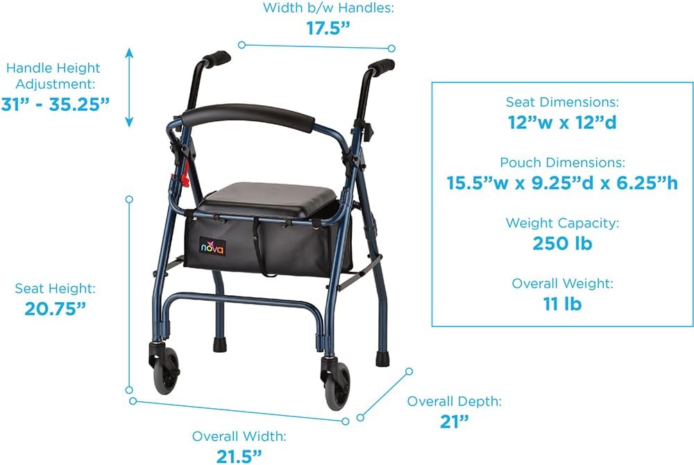 NOVA Cruiser 2 Lightweight Rollator Walker for Beginning Gait Training, 11 lb Foldable Rolling Walker with Seat, Stable Support for Early Mobility