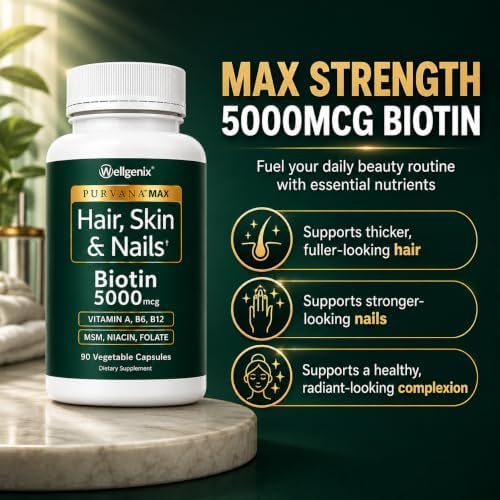 Wellgenix Purvana MAX Hair Skin & Nails Vitamins, Biotin 5000mcg, 90 Count | Biotin, MSM & hyaluronic acid in vegetable capsules for thicker