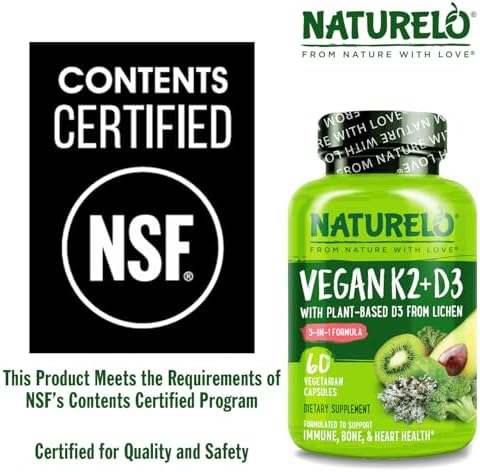 NATURELO Vitamin D3 K2, Vegan K2+D3 Supplement, 60 Capsules