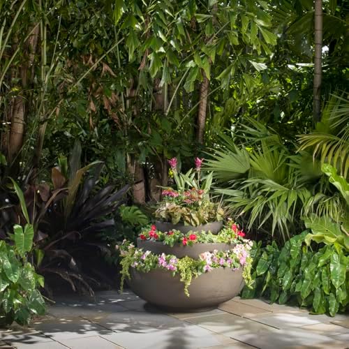 Crescent Garden Orinoco Planter Bowl – Double-Walled Resin Pot for Succulents, Flowers Without Drain Hole - 21" W x 8.25" H (Weathered Concrete)