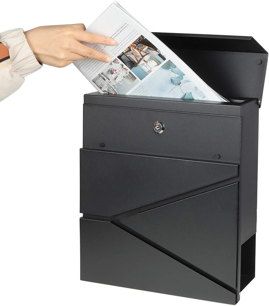 Decaller Large Capacity Mailbox with Key Lock, Wall Mount Metal Mail Box with Newspaper Compartment for Outside, 14.4" x 13" x 4.2", 938 Black