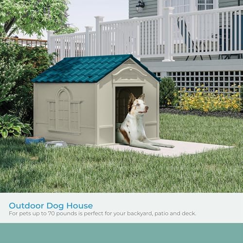 Suncast Outdoor Dog House with Door - Water Resistant and Attractive for Small to Large Sized Dogs - Easy to Assemble - Perfect for Backyards