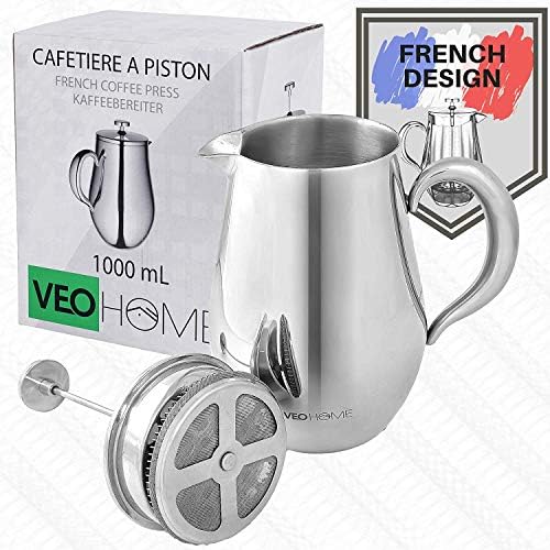 VeoHome - 0.75 litre plunger - Unbreakable and keeps the coffee hot for a long time thanks to its double stainless steel shell