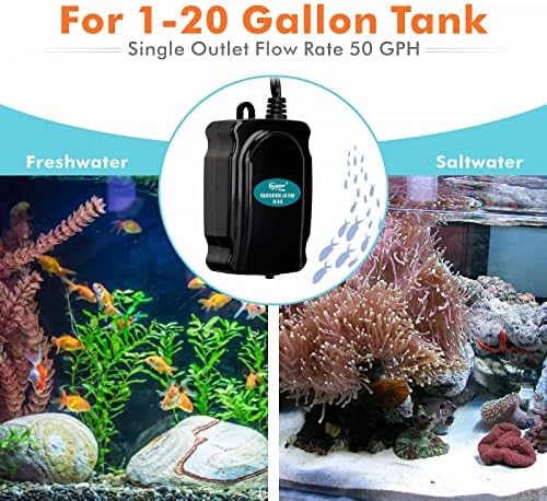 hygger Mini Aquarium Air Pump Kit Small Fish Tank Air Pump 1W for 2-20 Gallon Fish Bowl with Air Tube Air Bubbler Stone Check Valve