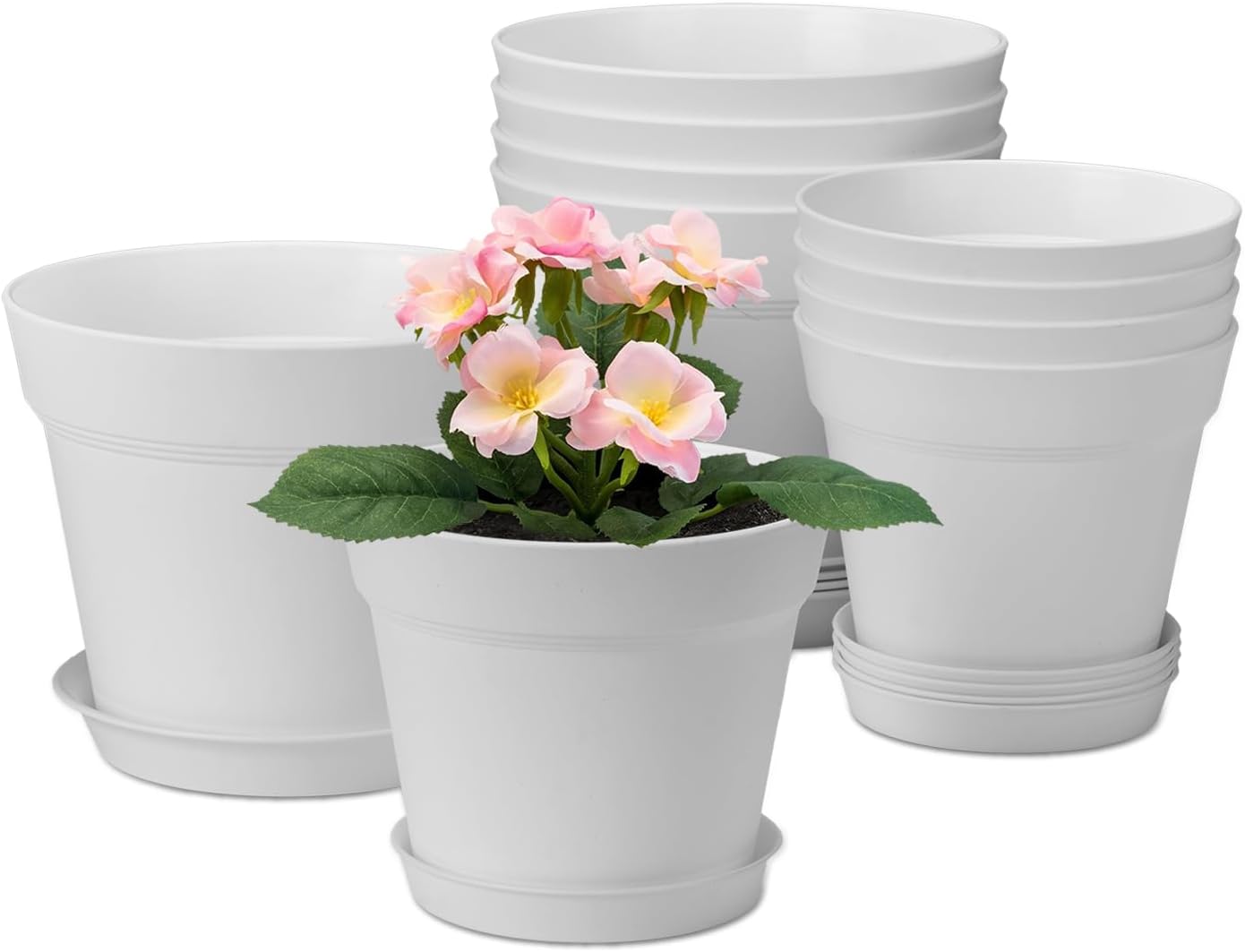 homenote 7.5 Inch Plastic Flower Pots with Drainage Holes and Trays (8 Pcs)
