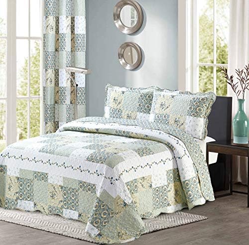 New Reversible 3pc Floral Printed Patchwork Blue/Green Bedspread/Quilt Set Matching Curtains Available (King/Cal King Size)