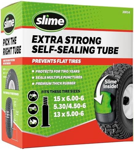 Slime 30014 Inner Tube for riding lawn mowers, ATVs, quads, tractors and other farm equipment, Extra Strong, Includes Self-Sealing Slime Sealant, Heavy Duty, 15x6.00-6" / 5.30/4.50-6" / 13x5.00-6"