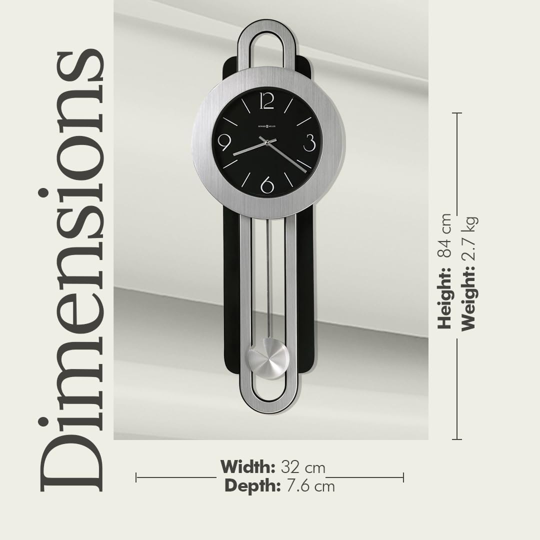 Howard Miller Gwyneth Wall Clock – Black Dial, Arabic Numerals, Quartz Movement, Silver Pendulum Bob, Brushed Nickel & Satin-Black Finish