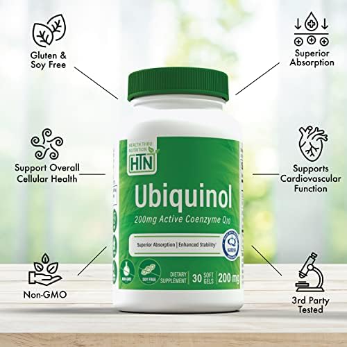 Health Thru Nutrition Ubiquinol 200mg 30 Softgels as Kaneka QH Reduced CoQ-10 | Stabilized - 3rd Party Tested | Enhanced Bioavailability | Cardiovascular & Mitochondria Function Support | Non-GMO | Reduced Form CoQ-10 Supplement, High Absorption, Cardiov…