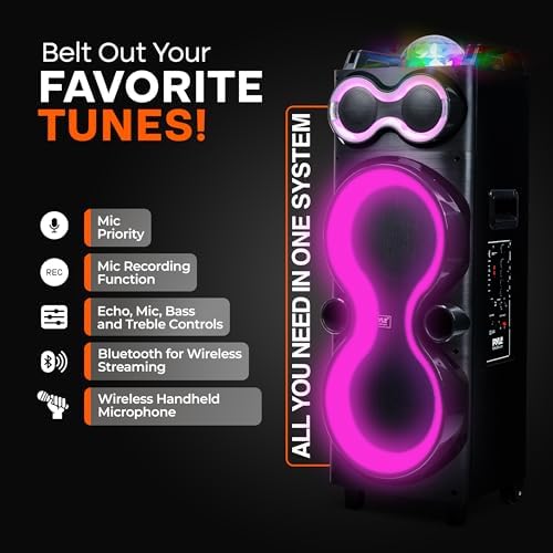 Pyle Bluetooth Speaker System with Wireless Mic, 240W PA and Karaoke Machine, Dual 10" Inch Speakers, Rechargeable Battery, USB/SD/AUX/FM Radio