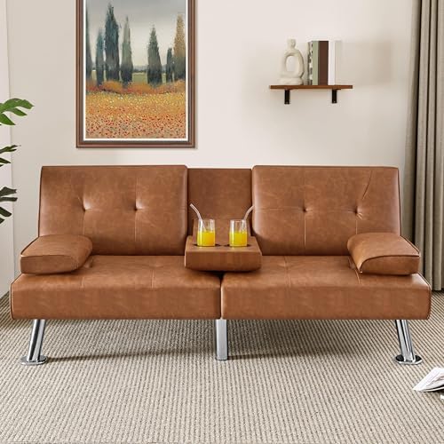Yaheetech Convertible Futon Sofa Bed Loveseat with Cup Holder, Black