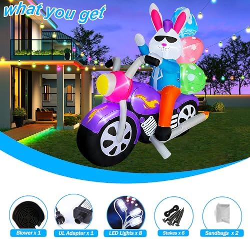 SEASONBLOW 6 FT Easter Inflatable Bunny on Motorcycle with Eggs Decorations Light Blow Up Rabbit for Yard Lawn Garden Home Outdoor Indoor Holiday