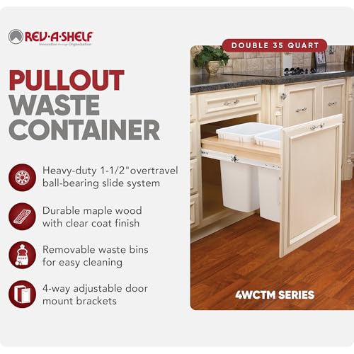 Rev-A-Shelf Top Mount Double Pullout Under Cabinet 50 Quart Kitchen Trash Cans w/Soft-Close for Full Height Cabinet, 150 Pound Rated Full-Extension Slides, 4WCTM-2150BBSCDM-2