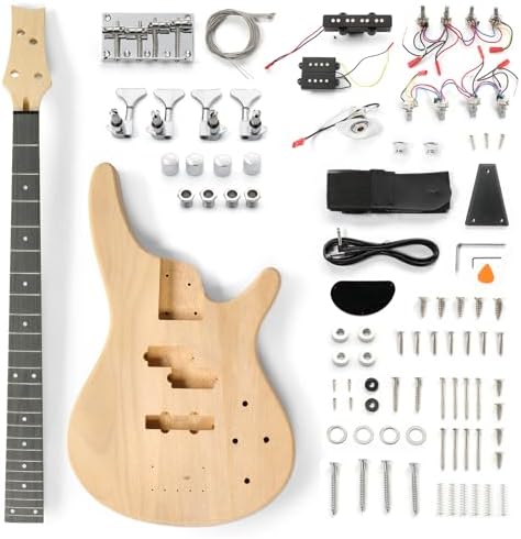 Ktaxon DIY Electric Guitar Kit, 44Inch DIY Bass Guitar Kit (KIB) | Mahogany Body, Solid Wood Fingerboard and Maple Neck, Easy Installation & All Accessories Included to Build Your Own Guitar