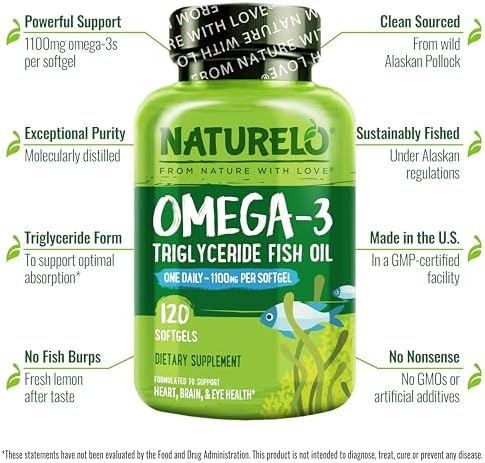 NATURELO Burpless Omega 3 Fish Oil Supplement, 1100mg, 60 Softgels | Triglyceride omega-3, omega 3 DHA EPA, liquid fish oil, 2 months supply