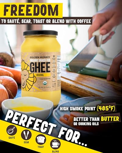 GOLDEN MONKEY Organic Ghee Butter – Grass Fed Clarified Butter for Cooking, Baking