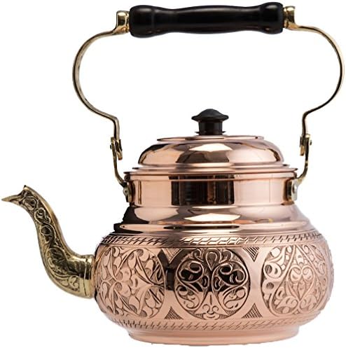 DEMMEX Handmade Engraved 1mm Thick Solid Uncoated Copper Tea Pot Kettle Stovetop Teapot, 1.6-Quart