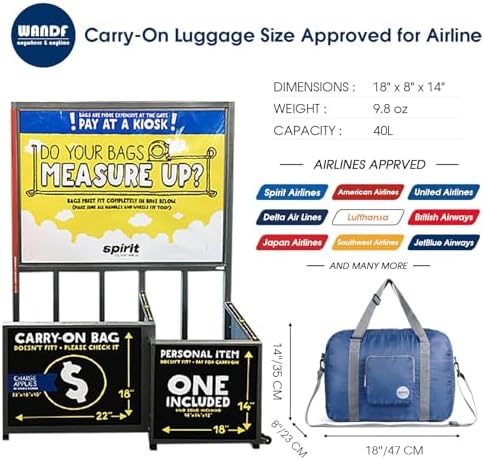 WANDF Foldable Personal Item Bag, Carry on Travel Duffle Bag | Frontier Airline Underseat Fit, 18x14x8 inches, Weekend Overnight Trips, Packable