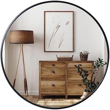 Growsun Black Round Mirror 24 inch, Wall Mounted Circle Mirror, Metal Framed Mirror for Bathroom Vanity, Bedroom Home Decor Mirros