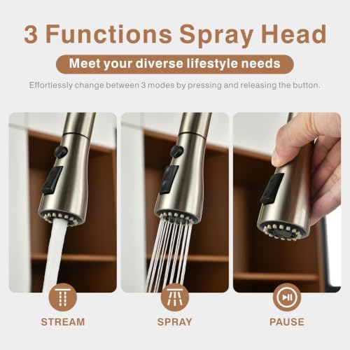 RULIA Kitchen Faucet, Pull-Down Sink Faucet with 3 Functions Sprayer, Kitchen Sink Faucet, PB1020