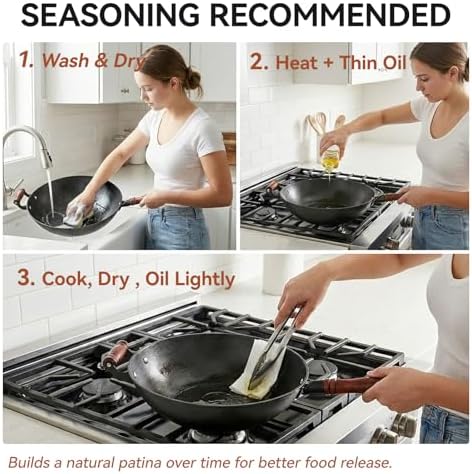 WANGYUANJI 12.6 Inch Cast Iron Wok with Wooden Lid, Handcrafted Flat Bottom Chinese Stir Fry Pan, Uncoated Heavy-Duty Iron Wok for Induction, Gas
