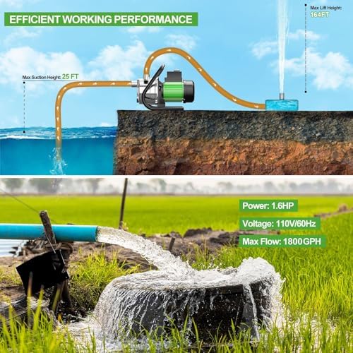 Water Transfer Pump 110V Shallow Well Pump 1.6HP Electric Portable Garden Pressure Booster Pumps for Sprinkler Irrigation Lawn with Adapters, Green