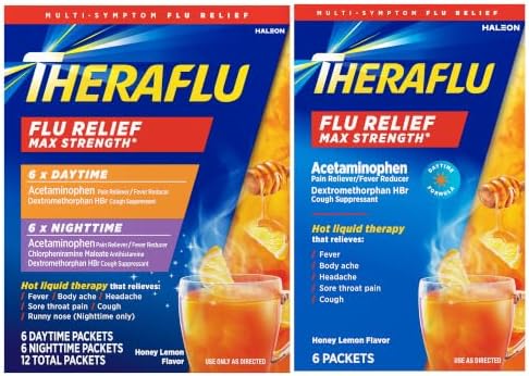 Theraflu Day and Night Pack, Severe Cold Relief, 18 Packets | Honey Lemon Flavor, Cold, Cough, and Flu Relief Powder for Use in Hot Liquids