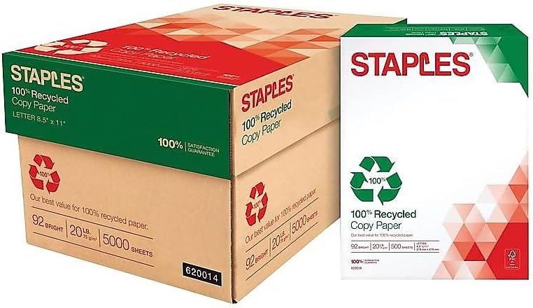 Staples 100% Recycled Printer Paper Bright White Copy/Fax/Laser/Inkjet, 500 Sheets