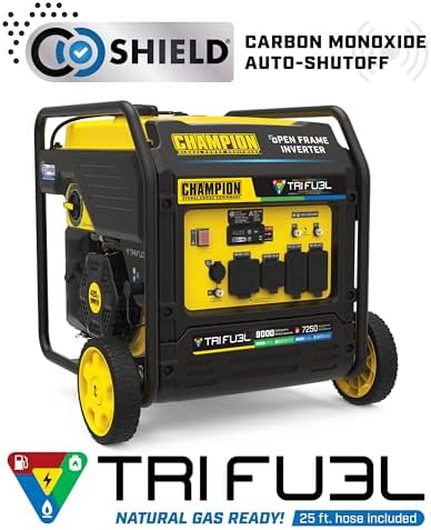 Champion Power Equipment 9000-Watt Electric Start Tri Fuel Home Backup Portable Open Frame Inverter Generator with Quiet Technology and CO Shield