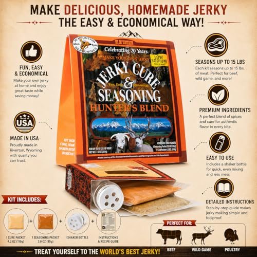 Hi Mountain HUNTERS BLEND Jerky Seasoning and Cure Kit | Low Sodium | Savory hunter-style flavor, perfect beef jerky seasoning for deer, elk, & venison. Smoker, dehydrator, or oven. Makes 15 lbs