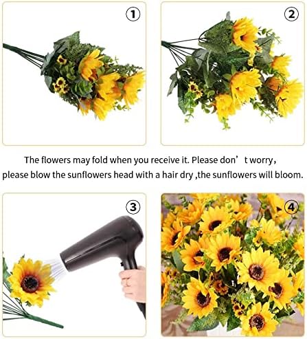 AmyHomie Artificial Sunflowers for Outdoors Fall Decor, 2 Bouquets | Garden, Patio, Wedding, Home, Centerpieces, Vase, UV Resistant, No Water