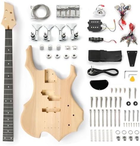 Ktaxon DIY Electric Guitar Kit, 44Inch DIY Bass Guitar Kit (KIB) | Mahogany Body, Solid Wood Fingerboard and Maple Neck, Easy Installation & All Accessories Included to Build Your Own Guitar