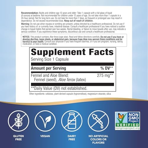 Nature's Way Aloe Latex with Fennel, 275 mg per Serving, 100 ct | Aloe Vera Capsules for Occasional Constipation*, Non-GMO Project Verified, Vegan
