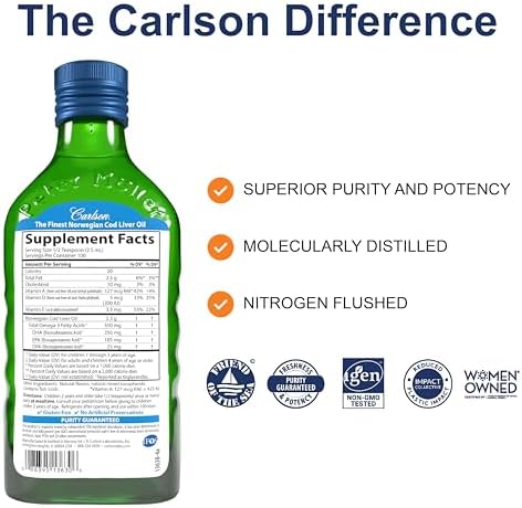 Carlson Cod Liver Oil, 1100 mg, Omega-3s, Lemon, 500 mL (16.9 Fl Oz) | plus Vitamins A and D3; Wild Caught Norwegian Arctic Cod Liver Oil; Sustainably Sourced Nordic Fish Oil Liquid