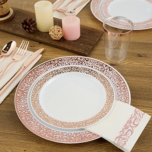 FOCUSLINE 175 Pieces Rose Gold Disposable Dinnerware Set for 25 Guests
