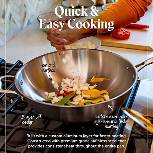 Willow & Everett Stainless Steel Flat Bottom Wok Pan, Professional Traditional Stir Fry Cookware w/Domed Lid & Spatula