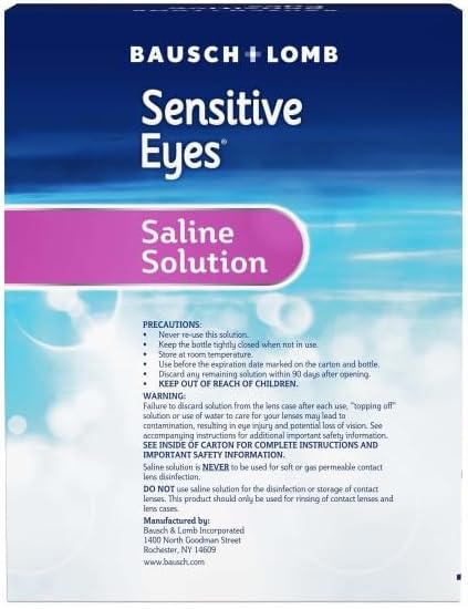 Contact Lens Solution by Bausch & Lomb, Saline Solution for Sensitive Eyes, for Soft Contact & Gas Permeable Lenses, 12 Fl Oz (Pack of 2)